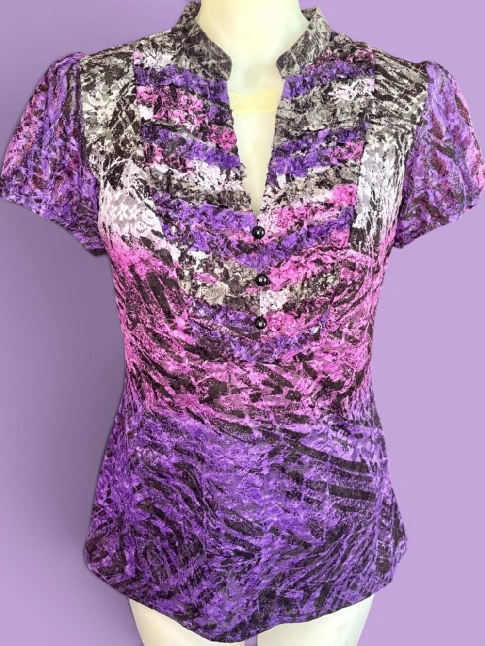 AB Studio purple, pink, gray, and black abstract floral top